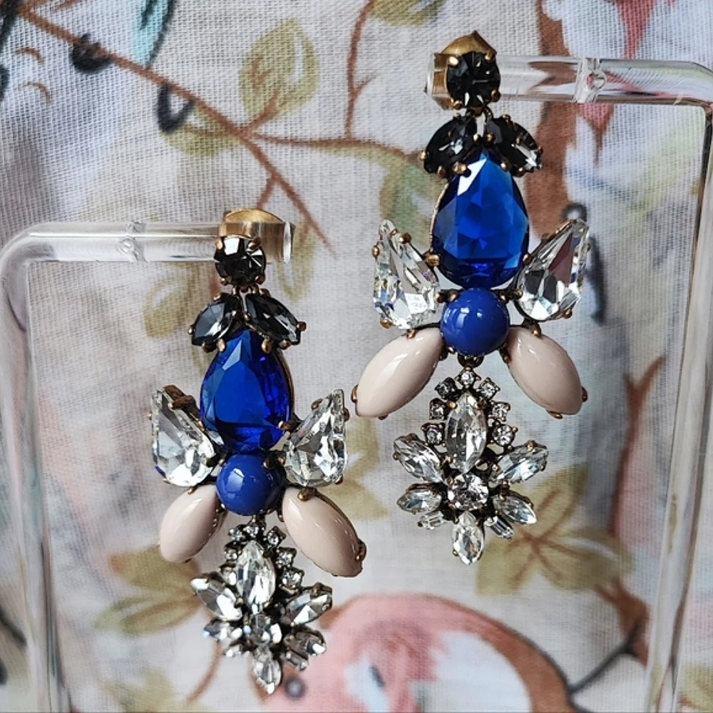 J. Crew Brand Sapphire Blue Opaque Cabachons Clear Rhinestones Pierced Earrings